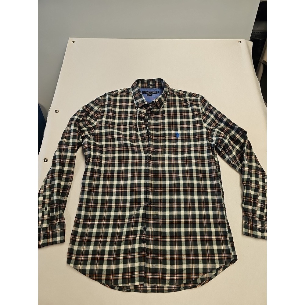 US Polo Assn Mens Large Plaid Button Down Shirt Green White Stretch Long Sleeve